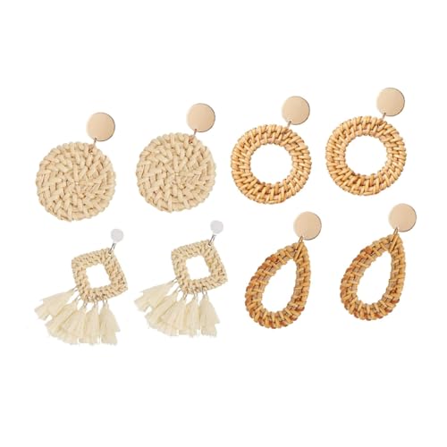 CONGARTENO 4 Paare Teiliges Handgefertigte Rattan Ohrringe mit Geometrischem Design Kreative Damen Ohrschmuck Modische Baumelnde Ohrhänger für Party Hochzeit und Alltag von CONGARTENO