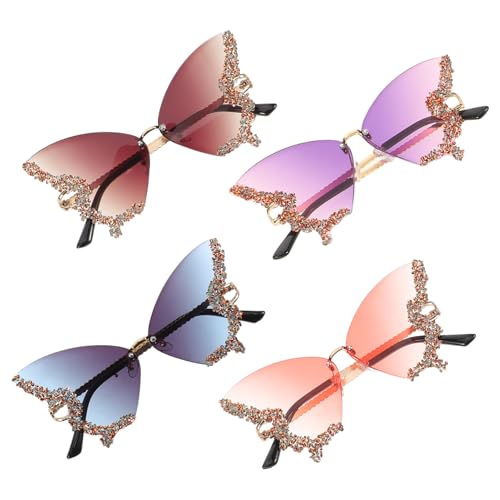 CONGARTENO 4 Stück Teiliges Damen Sonnenbrillen Schmetterling Retro Sonnenbrille Rahmenlos mit Funkelnden Strasssteinen Uv-schutz Modisch Für Sommer Outdoor Freizeit von CONGARTENO