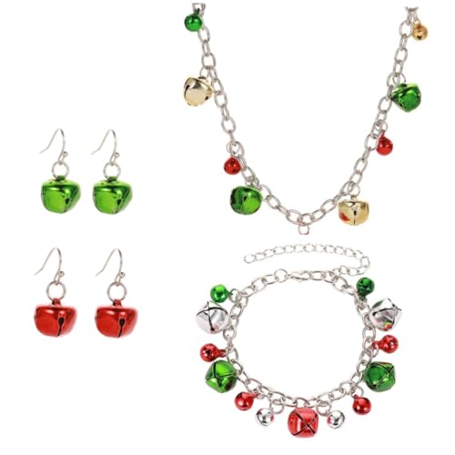 CONGARTENO 4 Stück Teiliges Weihnachts Schmuckset mit Kleinen Glöckchen Legierungsarmband Halskette und Roten Sowie Grünen Ohrringen Leicht Modisch für Damen Party und Alltagsgebrauch von CONGARTENO