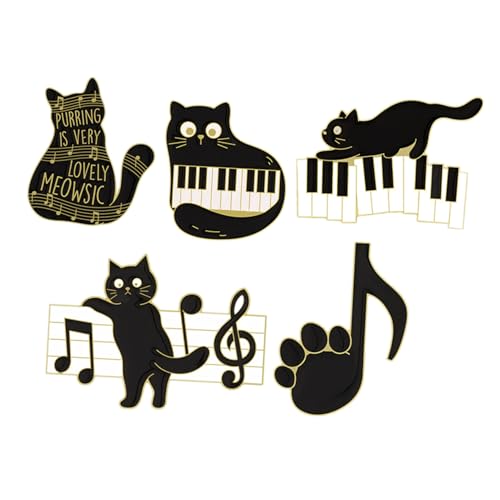 CONGARTENO 5 Stück Teiliges Schwarze Katzenbroschen mit Musiknoten Lustige Anstecknadeln für Kleidung und Rucksack Langlebige für Party Festtagsdeko von CONGARTENO