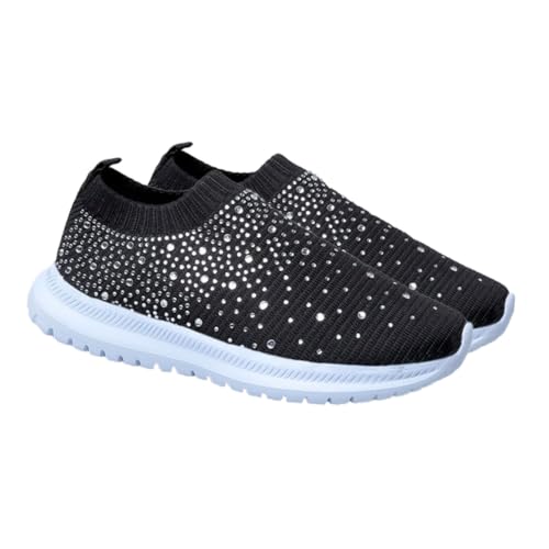 CONGARTENO Atmungsaktive Damen Sportschuhe mit Strasssteinen Stabilem Absatz Rutschfester Sohle Leichter Netzstruktur Modischer Kreativer Freizeit und Laufschuh Schwarz von CONGARTENO