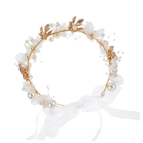 CONGARTENO Blumenmädchen Kopfschmuck mit Künstlichen Perlen Weißer Blumenhaarreif für Hochzeit Kommunion und Fest Haarschmuck Accessoire für Mädchen und Kleinkinder Vielseitig Einsetzbar von CONGARTENO