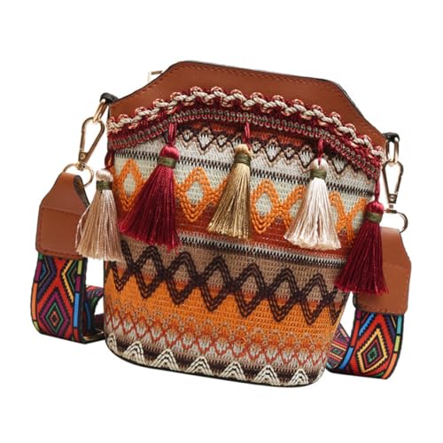 CONGARTENO Boho Tassel Schultertasche Damen Breiter Schulterriemen Verstellbar Langlebig Großer Stauraum Ethno Stil Crossbody Bucket Bag Braun von CONGARTENO
