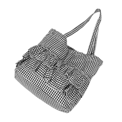 CONGARTENO Checkered Canvas Tote Bag mit Rüschensaum Stylische Leichte Umhängetasche aus Strapazierfähigem Canvas für Damen Große Kapazität für Freizeit Arbeit Shopping und Reisen Schwarz von CONGARTENO