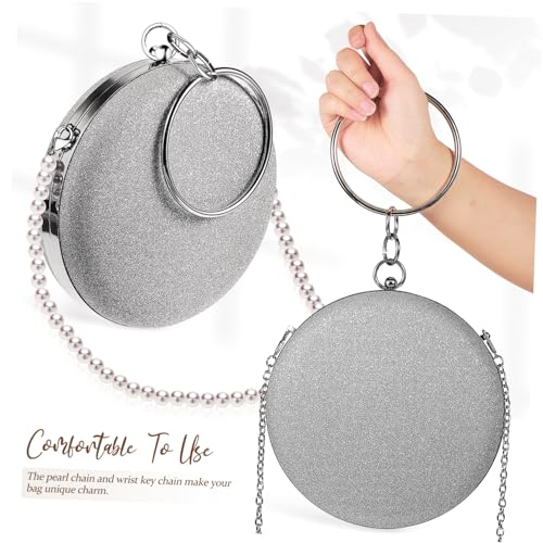 CONGARTENO Damen Abendtasche mit Rundring und Abnehmbarer Perlenkette Elegante Clutch für Hochzeit Party Ball und Festliche Anlässe Silbergraue Handtasche mit Weißer Perlenkette von CONGARTENO