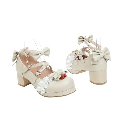 CONGARTENO Damen Ballerina Schuhe mit Mittlerem Absatz Atmungsaktiv und Vielseitig Kombinierbar zu Kleidern und Hosen Jahreszeiten Geeignet Modisches Schleifen Design in Beige von CONGARTENO