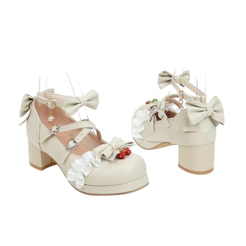 CONGARTENO Damen Ballerina Schuhe mit Schleife Mittelhoher Absatz Rutschfeste Sohle Atmungsaktive Einlegesohle Modische Frühjahrsschuhe für Alltag und Party Beige von CONGARTENO