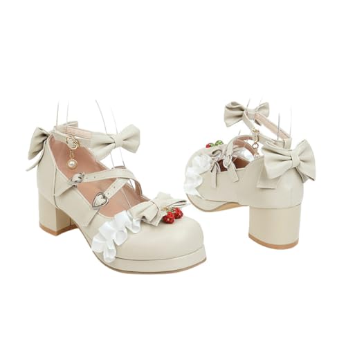 CONGARTENO Damen Ballerina Schuhe mit Schleifenverzierung Mittelhoher Absatz rutschfeste Sohle Modisch für Frühling Herbst Beige Geeignet für Arbeit und Freizeit von CONGARTENO