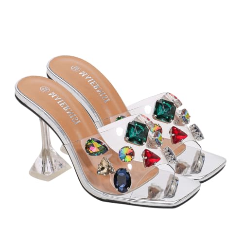CONGARTENO Damen High Heel Sandalen mit Strassbesatz Modische Sommerschuhe Atmungsaktive Bequeme Absatzpantoletten für Partys Büro Hochzeit und Alltag Silberne Pantolette von CONGARTENO
