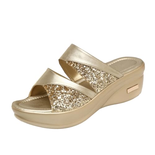 CONGARTENO Damen Keilschuhe Sommer Plateau Sandalen mit Dicker Sohle Leicht für Freizeit und Strand Modisch Schimmerndes Design Langlebiges Material Gold CONGARTENO Damen Keilschuhe Sommer Plateau Sandalen mit Dicker Sohle Leicht für Freizeit und Strand Modisch Schimmerndes Design Langlebiges Material Gold von CONGARTENO