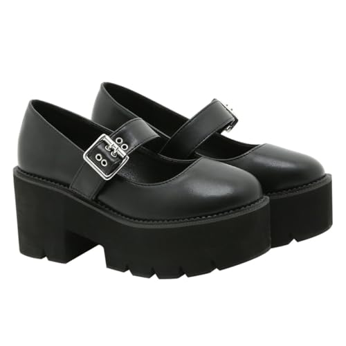 CONGARTENO Damen Lederschuhe mit Metallverschluss Runde Zehen rutschfeste Dicke Sohle Flache Modische Freizeitschuhe für Alltag Büro Party Angenehm und Atmungsaktiv Schwarz von CONGARTENO