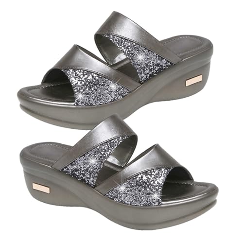 CONGARTENO Damen Sandalen Sommer Wedges mit Dicker Sohle Offene Fischmaul Pantoletten Graue Plateau Slipper für Freizeit und Strand Bequeme Outdoor Mom Schuhe von CONGARTENO