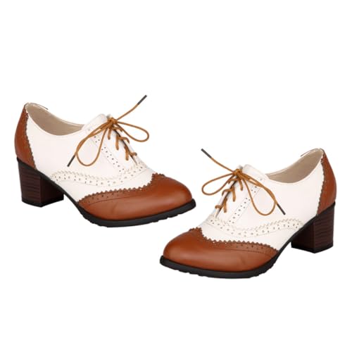 CONGARTENO Damen Schnürpumps mit Blockabsatz und Tiefem Ausschnitt Langlebige rutschfeste Modische Damenschuhe für Herbst und Alltag Braun von CONGARTENO