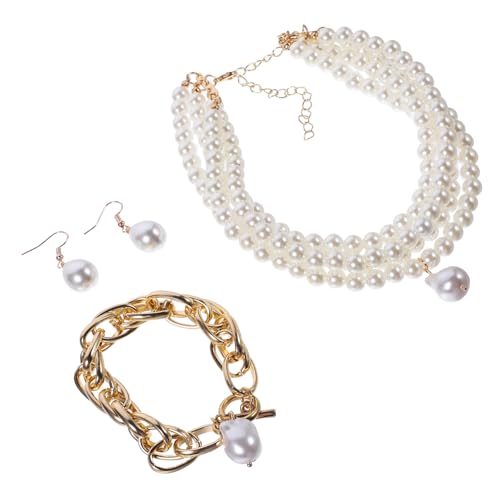 CONGARTENO Elegantes Perlen Schmuckset Damen Brautschmuck Hochzeit Ohrringe Halskette Armband Goldfarben Mehrschichtiges Design für Besondere Anlässe und Festliche Looks von CONGARTENO