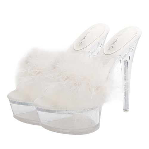 CONGARTENO Fluffy High Heeled Slippers Transparent Sandalen Damen Stylish Flauschige Pumps Hoher Dünner Absatz Komfortabel Elegant Für Partys und Alltag von CONGARTENO