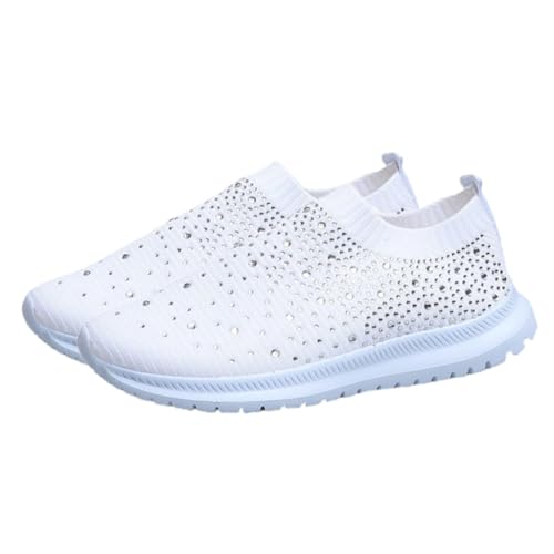 CONGARTENO Leichte Damen Sneaker mit Strass Atmungsaktiv rutschfeste Sportschuhe mit Weicher Dämpfung Elastischer Mesh Obermaterial für Freizeit und Fitness Weiß von CONGARTENO