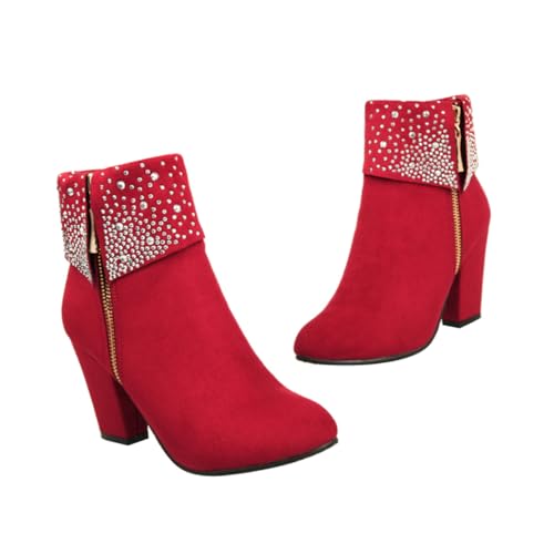 CONGARTENO Rote Damen Hochzeit Stiefeletten mit Grobem Absatz und Funkelnden Strasssteinen Kurze Winter boots für Festliche Anlässe Bequemes Tragegefühl und Elegantes Design von CONGARTENO
