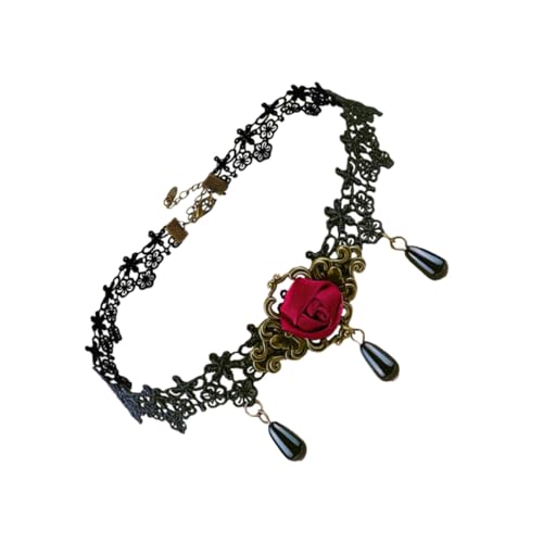 CONGARTENO Rote Rosen Halskette Gothic Choker mit Schwarzer Spitze und Kristallperlen Verstellbare Ketten Damen Kurzform Schlüsselbein Schmuck für Halloween Party und Cosplay von CONGARTENO
