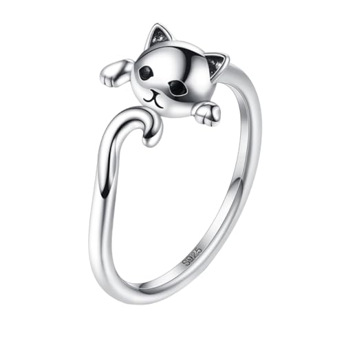 CONGARTENO Sterling Silber Damenring Katzenmotiv Offener Verstellbarer Ring Mädchen Modeschmuck Kreativer Schmuck Für Alltag Party Festliche Anlässe von CONGARTENO
