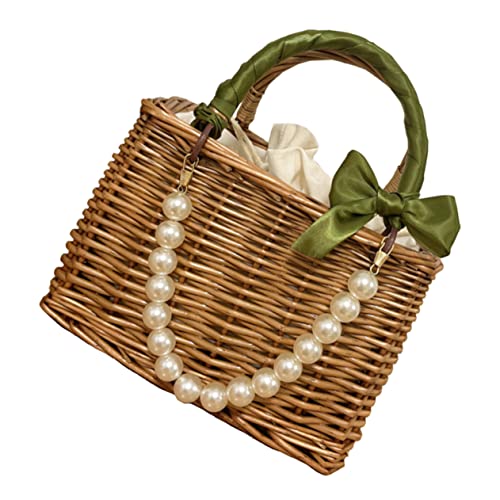 CONGARTENO Strandtasche Damen Handgefertigte Strohtasche mit Perlenkette Doppelgriff Tote Tasche Leichte Sommer Beach Bag aus Rattan Olivgrünes Band für Urlaub und Alltag von CONGARTENO