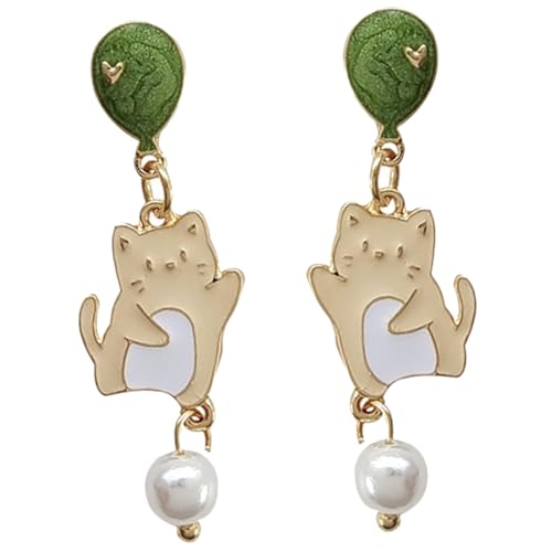 CONGARTENO Süße Katzenohrringe mit Perlenanhänger für Damen Silber Ohrstecker Niedliche Tier Design Dangle Drop Ohrringe Vielseitig für Alltag Party Festival und von CONGARTENO