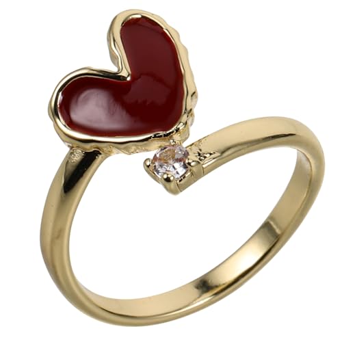 CONGARTENO Verstellbarer Damenring mit Offenem Design und Funkelndem Zirkonia Weinrotes Emailliertes Herz Modischer Statement ring für Zeigefinger Eleganter Schmuck für Besondere Anlässe von CONGARTENO