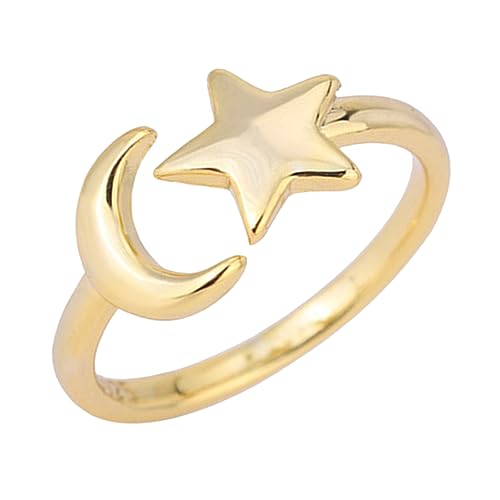 CONGARTENO Verstellbarer Offener Damenring Stern Mond Design Goldfarbener Schmuck für Frauen und Mädchen Eleganter Statement Fingerring Vielseitiges Accessoire für Partys und Alltag von CONGARTENO