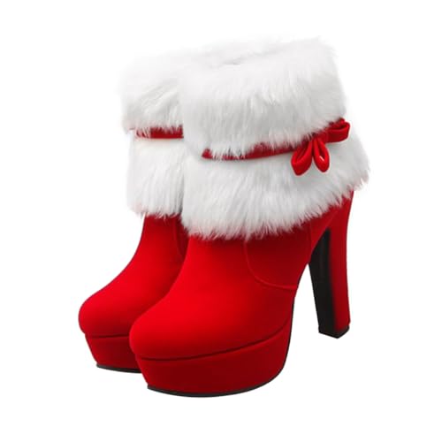 CONGARTENO Weihnachtliche Damen Ankle Boots mit Dicker Absatzsohle Rutschfester Gummisohle Kuscheligem Plüschfutter und Eleganter Schleifenverzierung Modisch und Sicher für Winterliche von CONGARTENO