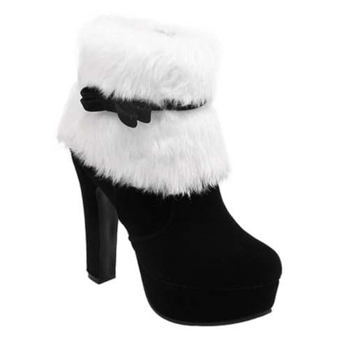 CONGARTENO Weihnachtsplüsch Stiefeletten Damen Kurzschaft Winterstiefel mit Dicken Absatz Elegantem Schleifendetail Bequemem Innenfutter Modischer Ankle Boot für Festliche Anlässe von CONGARTENO