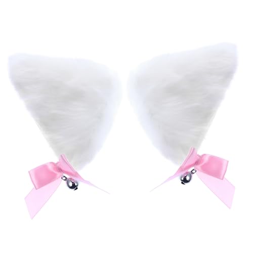 CONGARTENO Weißes Katzenohren Haarclip mit Glocke und Schleife Flauschig Langes Fell Niedliches Cosplay Haarschmuck für Damen Party Fasching Halloween und Weihnachtskostüm von CONGARTENO