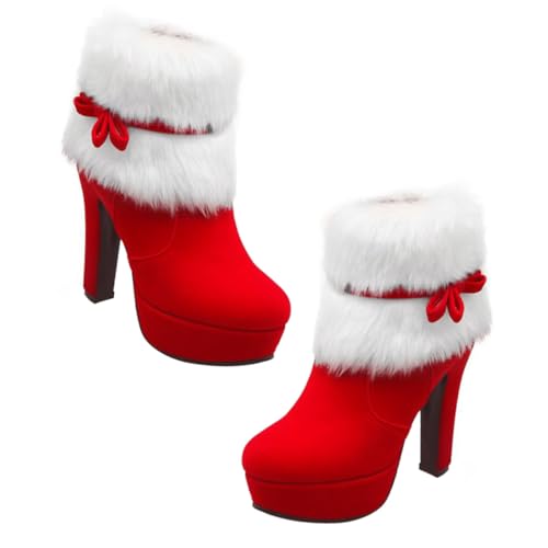 CONGARTENO Winterstiefel Damen Kurz Stiefeletten Knöchelstiefel mit High Heel und Schleife Gefütterte Xmas Boots für Kalte Tage Rutschfeste Ankle Boots Modisch zu Weihnachten Rot von CONGARTENO