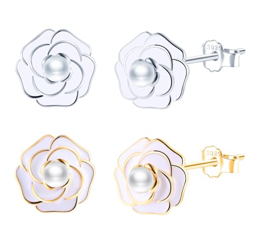 CONILOK 2 Paare Perlen Kamelie Ohrringe Silber 925 Stecker Ohrstecker Ohrhänger Damen Schmuck Ohrring Kleine Geschenke für Frauen Mädchen Freundin Mutter Geburtstag Hochzeit Weihnachtstag Valentinstag von CONILOK