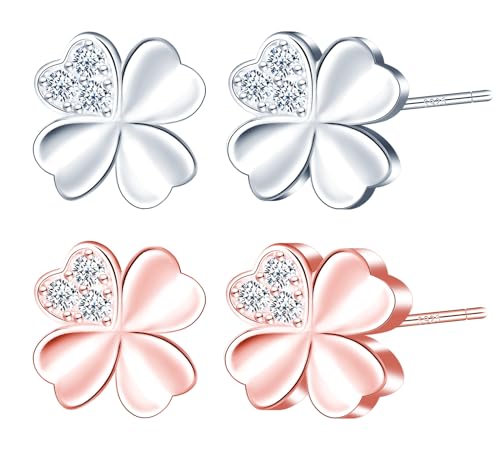 CONILOK 2 Paare Zircon Kleeblatt Ohrringe Silber 925 Stecker Ohrstecker Ohrhänger Damen Schmuck Ohrring Geschenke für Frauen Mädchen Freundin Mutter Geburtstag Hochzeit Weihnachtstag Valentinstag von CONILOK