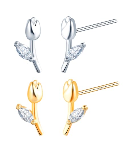 CONILOK 2 Paare Zirkon Tulpen Ohrringe Silber 925 Stecker Ohrstecker Ohrhänger Damen Schmuck Ohrring Kleine Geschenke für Frauen Mädchen Freundin Mutter Geburtstag Hochzeit Weihnachtstag Valentinstag von CONILOK