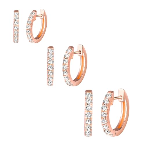 CONILOK 3 Paare Zirkonia Ohrringe Silber 925 Creolen Rosegold Ohrringe Set 10,12,14MM Damen Schmuck Ohrring Set Geschenke für Frauen Freundin Geburtstag Weihnachtstag Valentinstag von CONILOK