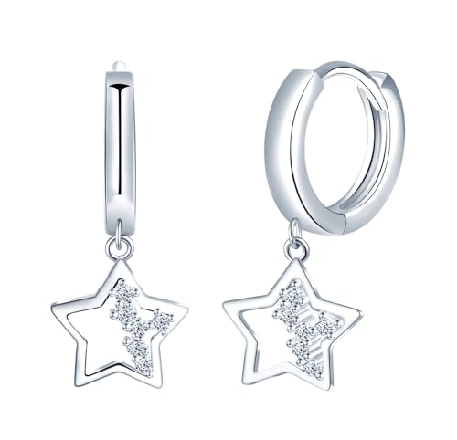 CONILOK Ausgehöhlt Diamanteinlage Stern Hänge Ohrringe Silber 925 Creolen Ohrhänger Silber Damen Schmuck Ohrring Geschenke für Frauen Mädchen Freundin Mutter Geburtstag Weihnachtstag Valentinstag von CONILOK