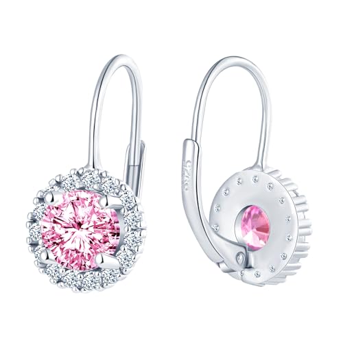 CONILOK Zirkonia Blumen Ohrringe Silber 925 Hängend,Hypoallergen Damen Ohrringe mit Klein Rund CZ Anhänger,Creolen Baumeln Ohrringe für Frauen Freundin Mama,Glänzende Ohrhänger für Braut Hochzeit Rosa von CONILOK