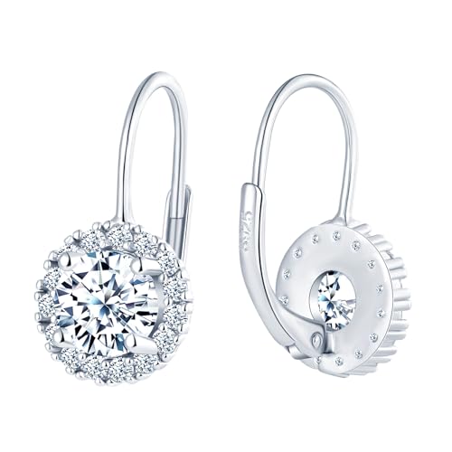 CONILOK Zirkonia Blumen Ohrringe Silber 925 Hängend,Hypoallergen Damen Ohrringe mit Klein Rund CZ Anhänger,Creolen Baumeln Ohrringe für Frauen Freundin Mama,Glänzende Ohrhänger für Braut Hochzeit Weiß von CONILOK