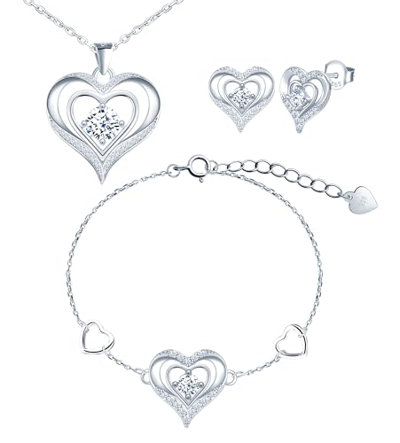 CONILOK Damen Schmuck Herz Kette Armband Ohrstecker Silber 925 Sets Zirkon Love Charms Anhänger Halskette Geschenke für Frauen Freunde Geburtstag Weihnachtstag Valentinstag Silber von CONILOK