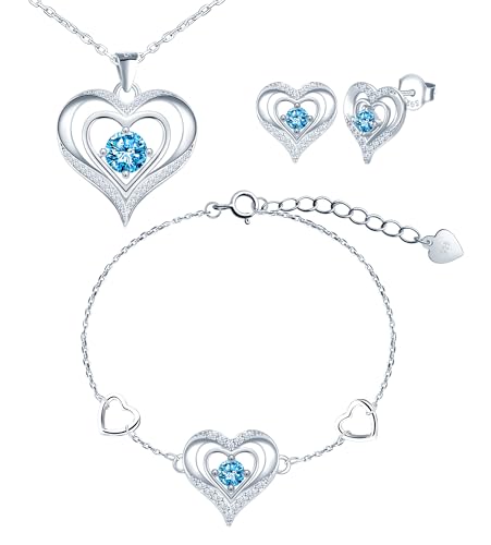 CONILOK Damen Schmuck Herz Kette Armband Ohrstecker Silber 925 Sets Zirkon Love Charms Anhänger Halskette Kleine Geschenke für Frauen Freunde Mädchen Geburtstag Weihnachtstag Valentinstag Blau von CONILOK