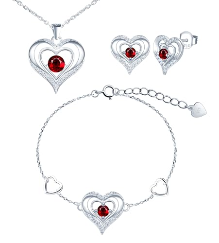 CONILOK Damen Schmuck Herz Kette Armband Ohrstecker Silber 925 Sets Zirkon Love Charms Anhänger Halskette Kleine Geschenke für Frauen Freunde Mädchen Geburtstag Weihnachtstag Valentinstag Rot von CONILOK