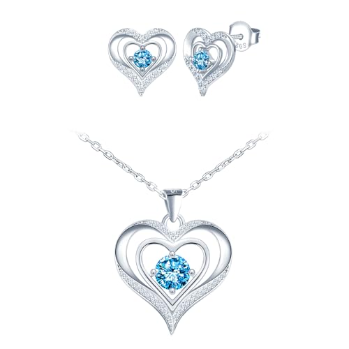 CONILOK Schmuck Set Damen Kette mit Herz Ohrringe Silber 925 Stecker Zirkon Liebe Charm Anhänger Halskette Geschenk für Sie Frauen Freundin Teenager Mädchen Geburtstag Muttertag Weihnachtstag Blau von CONILOK