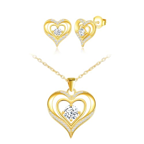 CONILOK Schmuck Set Damen Kette mit Herz Ohrringe Silber 925 Stecker Zirkon Liebe Charm Anhänger Halskette Geschenk für Sie Frauen Freundin Teenager Mädchen Geburtstag Muttertag Weihnachtstag Gold von CONILOK