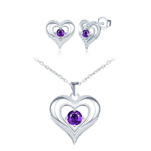 CONILOK Schmuck Set Damen Kette mit Herz Ohrringe Silber 925 Stecker Zirkon Liebe Charm Anhänger Halskette Geschenk für Sie Frauen Freundin Teenager Mädchen Geburtstag Muttertag Weihnachtstag Lila von CONILOK