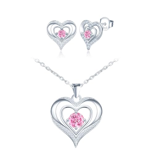 CONILOK Schmuck Set Damen Kette mit Herz Ohrringe Silber 925 Stecker Zirkon Liebe Charm Anhänger Halskette Geschenk für Sie Frauen Freundin Teenager Mädchen Geburtstag Muttertag Weihnachtstag Rosa von CONILOK