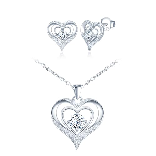 CONILOK Schmuck Set Damen Kette mit Herz Ohrringe Silber 925 Stecker Zirkon Liebe Charm Anhänger Halskette Geschenk für Sie Frauen Freundin Teenager Mädchen Geburtstag Muttertag Weihnachtstag Silber von CONILOK