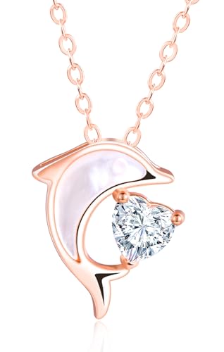 CONILOK Halskette Damen Kette Silber 925 Perlmutt Delphin Spielen Zirkon Anhänger Halsketten Mode Schmuck Ketten Geschenk für Sie Frauen Freunde Mädchen Geburtstag Muttertag Weihnachtstag Roségold von CONILOK
