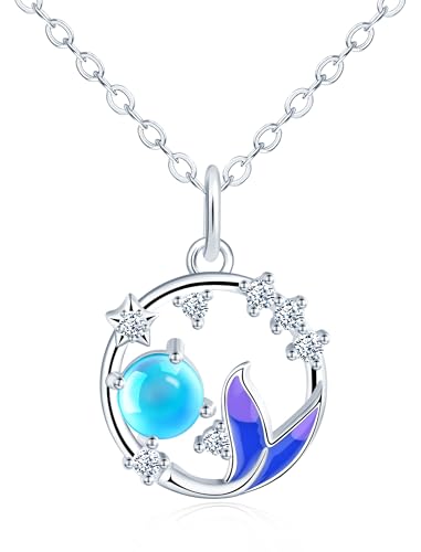 CONILOK Halskette Damen Kette Silber 925 Zirkon Mondstein Meerjungfrauen Fischschwanz Anhänger Halsketten Schmuck Ketten Geschenk für Sie Frauen Freunde Mädchen Geburtstag Muttertag Weihnachtstag von CONILOK