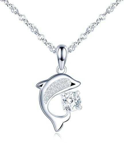 CONILOK Halskette Damen Kette Silber 925 mit Anhänger Quadratische Zirkon Delphin Halsketten Personalisierter Schmuck Ketten Geschenk für Sie Frauen Freunde Mädchen Geburtstag Muttertag Weihnachtstag von CONILOK