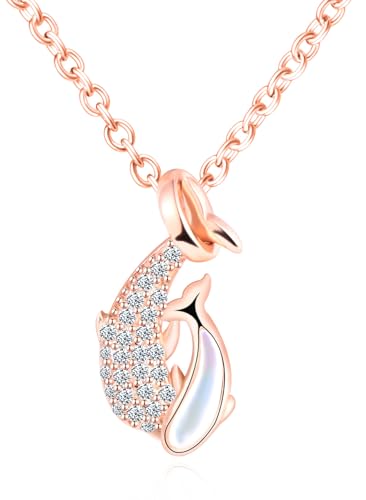CONILOK Halskette Damen Kette Silber 925 mit Anhänger Roségold Zirkon Pärchen Delphin Halsketten Mode Schmuck Ketten Geschenk für Sie Frauen Freunde Frau Mädchen Geburtstag Muttertag Weihnachtstag von CONILOK